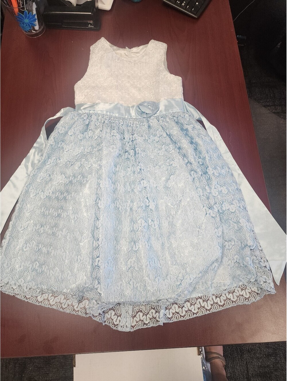 American Princess Girls' Size 8 White and Light Blue Lace Dress with Satin Sash